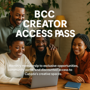 A small group of Black creatives gathered around a laptop in a cozy, plant-filled co-working space. They are engaged in conversation and collaboration, surrounded by greenery, warm lighting, and creative tools like notebooks and headphones.