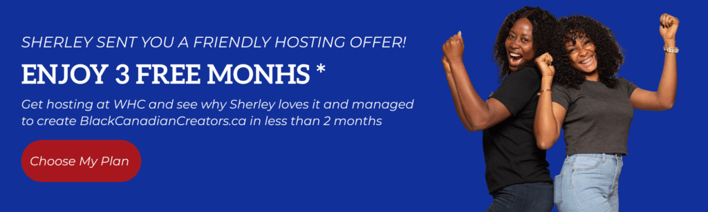 Two smiling Black women raising their fists in celebration next to text offering “Enjoy 3 Free Months” of web hosting, shared as a friendly hosting referral by Sherley.
