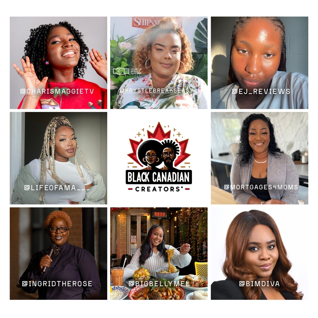 A collage featuring eight Black Canadian content creators spotlighted for Q4 2025, with their Instagram handles (@charismaggietv, @krystlebreakseasy, @ej_reviews, @lifeofama__, @mortgages4moms, @ingridtherose, @bigbellymel, @bimdiva) surrounding the Black Canadian Creators logo in the center.