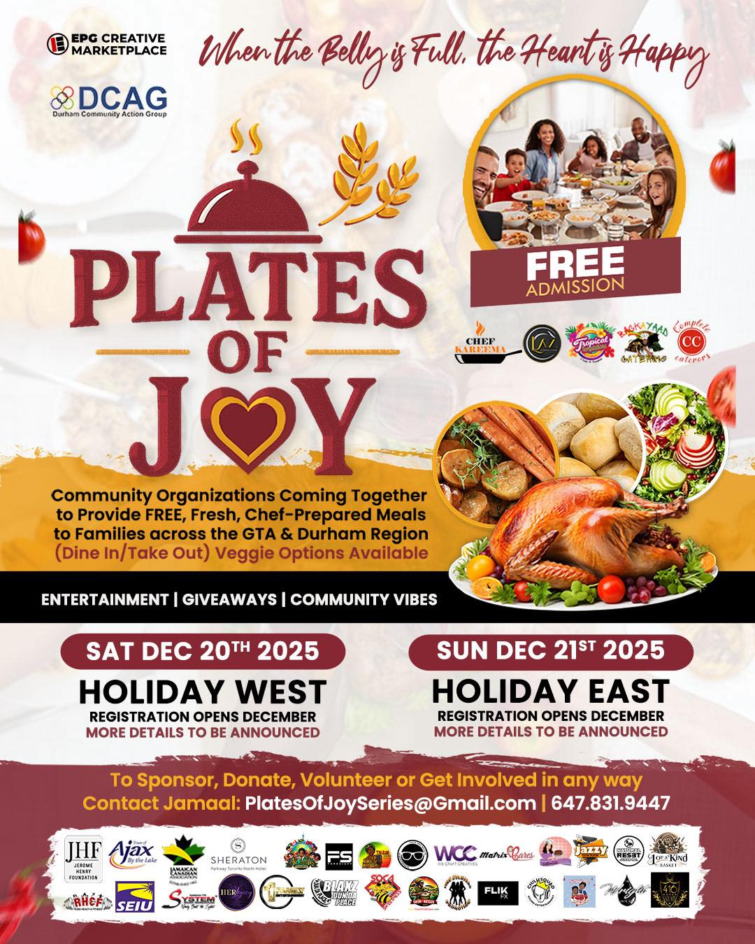 Flyer for Plates of Joy, a free community holiday meal event in the GTA and Durham Region, featuring dates, locations, contact info, and sponsor logos.