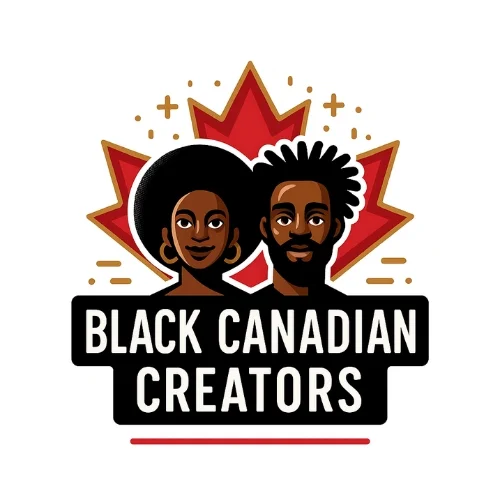 Logo for Black Canadian Creators featuring two illustrated Black figures in front of a stylized red maple leaf, with bold text reading ‘Black Canadian Creators.’